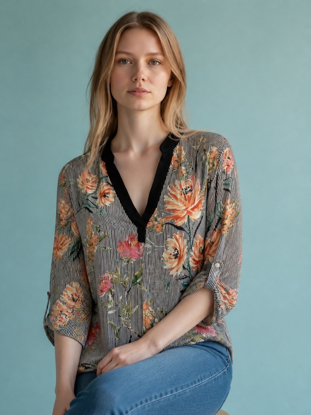 Tacera Striped Floral V-Neck Blouse 2X Roll-Tab Sleeves